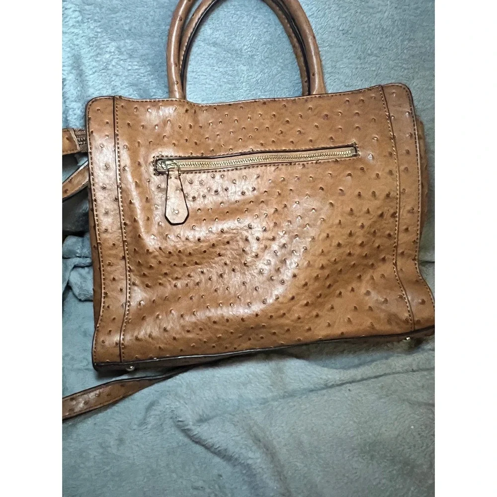 Guess 1981 faux Ostrich Embossed Satchel Crossbody Purse Brown Handle Handbag